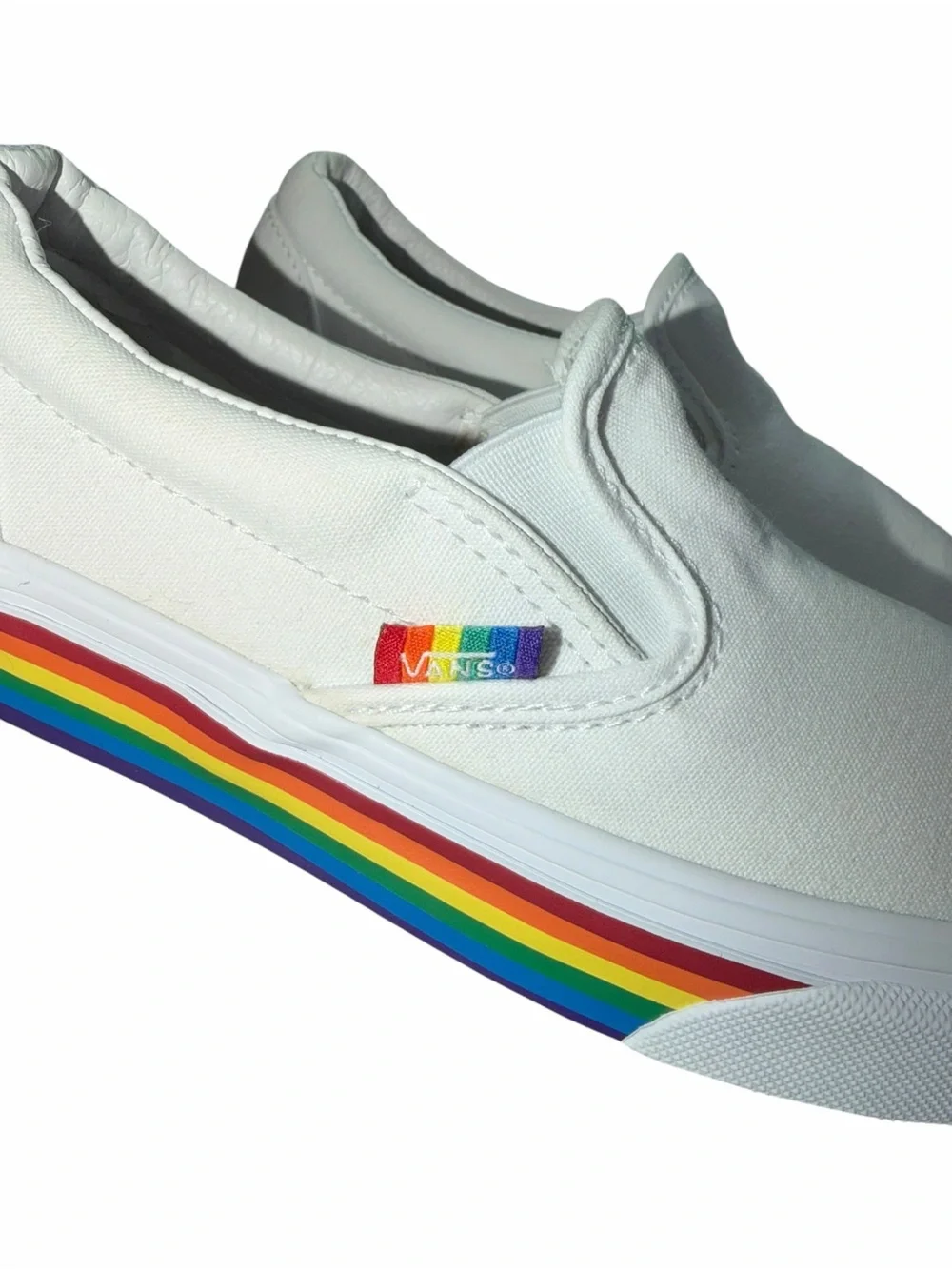 Vans White Multi/Rainbow Slip-On Pride Classic Canvas Skate Shoes Women’s 6